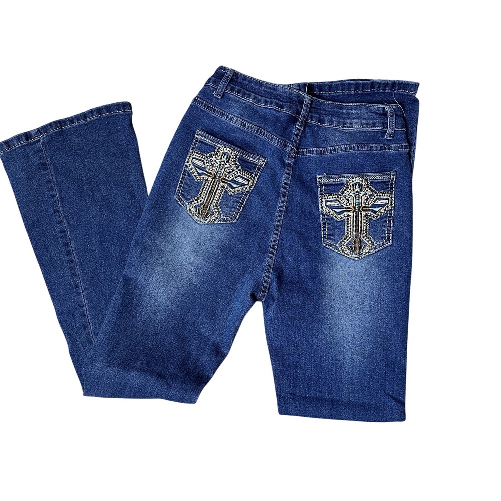 Y2K‎ Embroidered Cross Flare Jeans Womens Size 4 Medium Rise Stretch